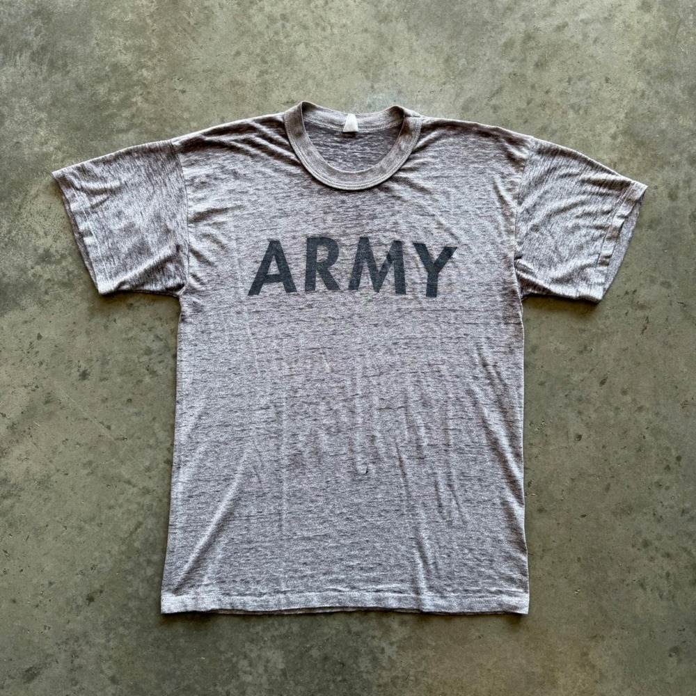 VTG 80s US Army T-Shirt Heather Grey Tri- Blend Distressed & Worn Military Tee L
